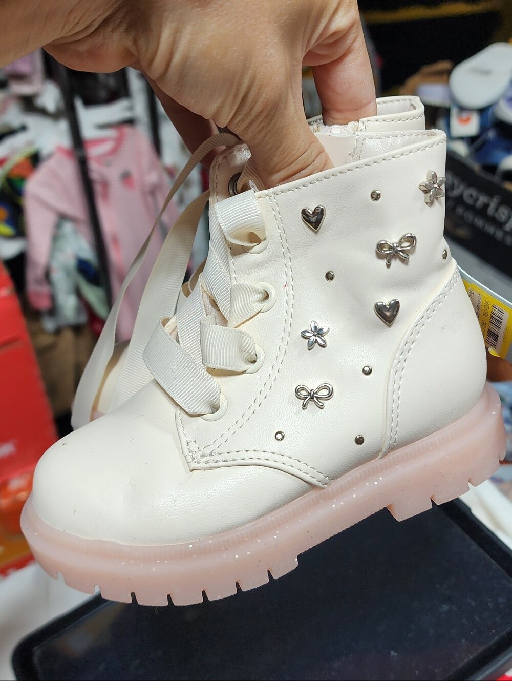 Cat & Jack Girls Cream Lace-Up Ankle Boots with Pink Sole